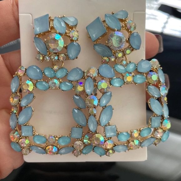 Blue Rhinestone Statement Earrings - Picture 4 of 5